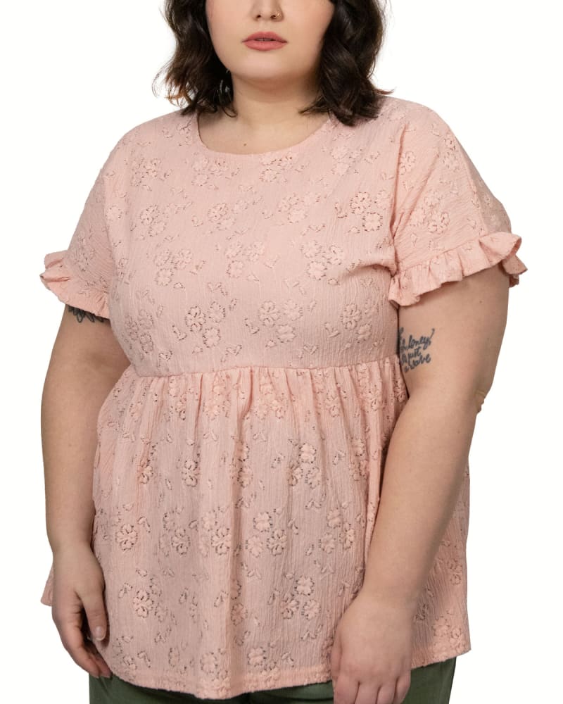 Front of a model wearing a size XL Agnes Floral Motif Blouse Pink in Pink by ANNICK. | dia_product_style_image_id:290657